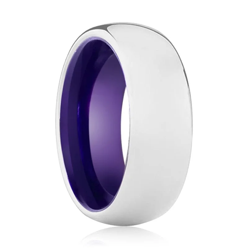 Women’s two-tone ring-VIOLA | Purple Ring, Silver Tungsten Ring, Shiny, Domed