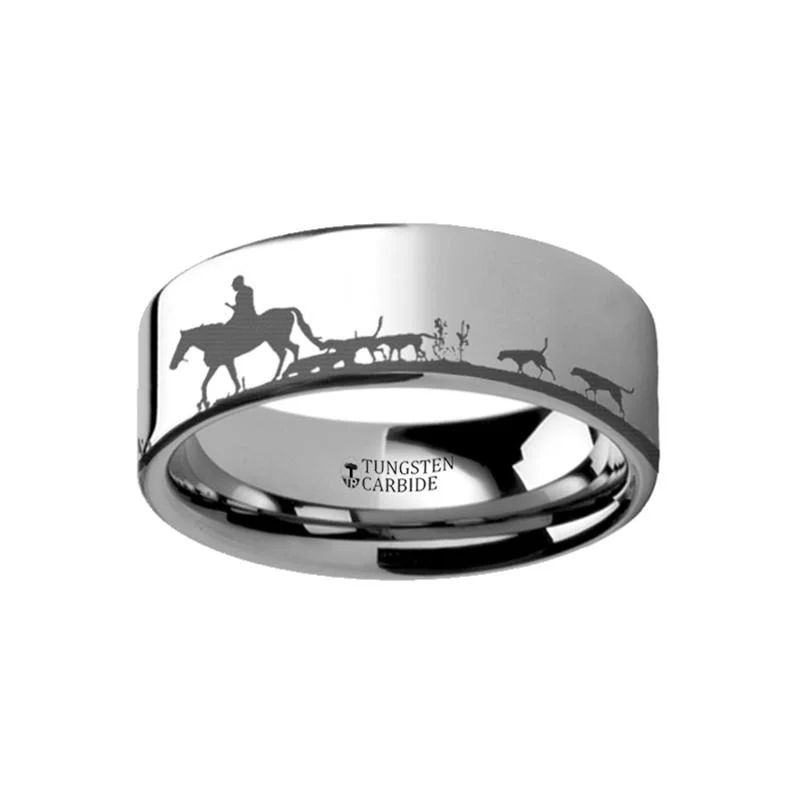 Women’s vintage diamond ring-Laser Engraved Fox Hunt Hunting Design Flat Tungsten Carbide Couple Matching Ring - 4MM - 12MM