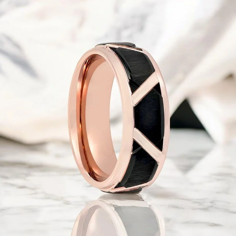 Women’s silver plated ring-HILVEN | Rose Gold Tungsten Ring, Black Trapezoids Design, Stepped Edge