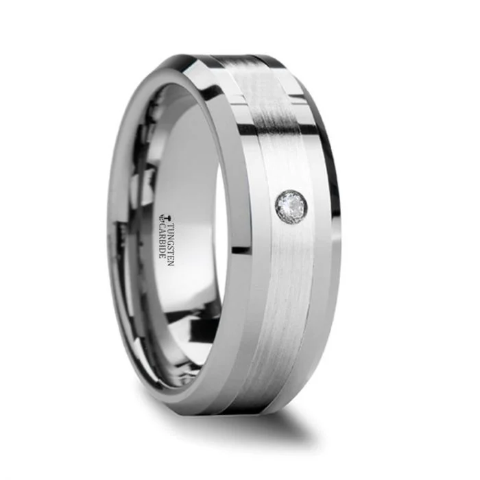 Women’s engagement rings with a simple design-Tungsten Men's Wedding Band with Silver Inlay & Diamond