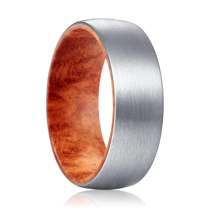 Women’s engraved ring-PYRO | Red Burl Wood, Silver Tungsten Ring, Brushed, Domed