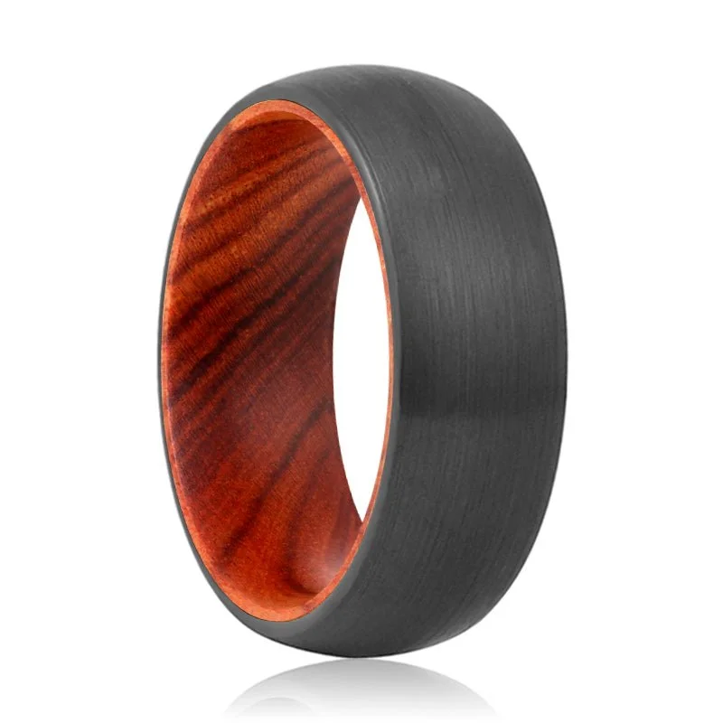 Women’s eco-friendly ring-DRURY | Iron Wood, Black Tungsten Ring, Brushed, Domed