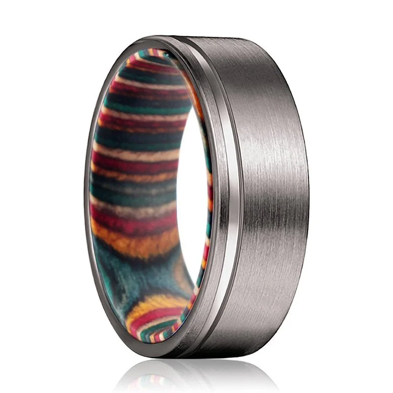 Women’s platinum ring-BOW | Multi Color Wood, Gunmetal Tungsten Offset Groove