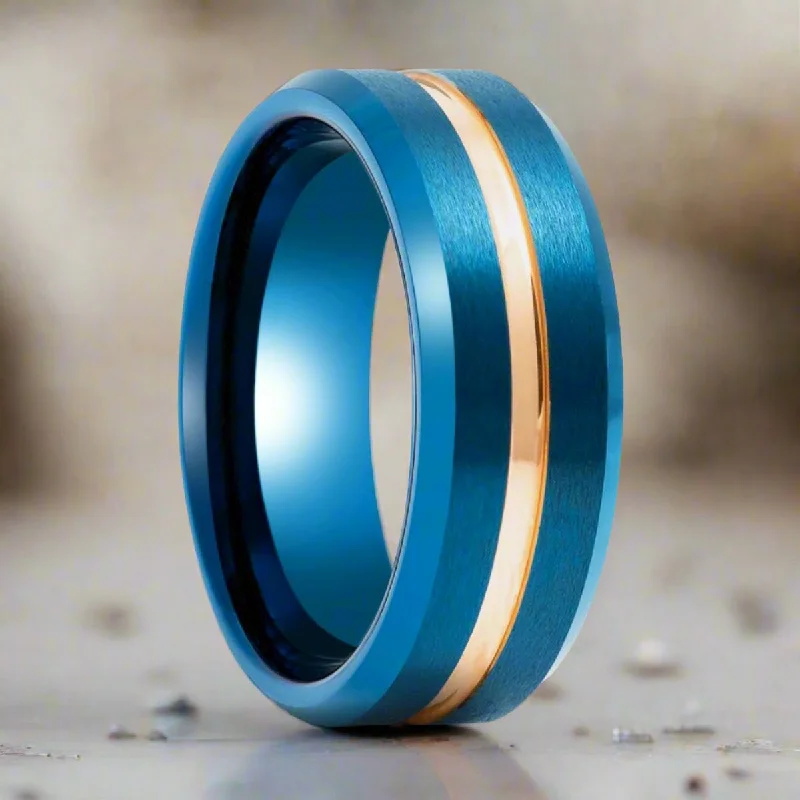 Women’s halo ring-MYSTICRIDGE | Blue Tungsten Ring, Rose Gold Groove, Brushed, Beveled