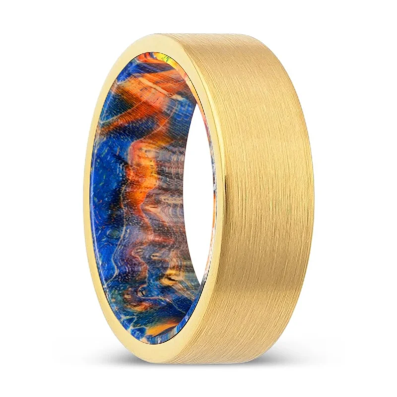 Women’s diamond cluster ring-SUTTON | Blue & Yellow/Orange Wood, Gold Tungsten Ring, Brushed, Flat