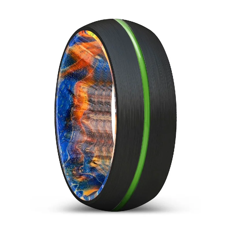 Women’s pear-shaped ring-VAPOR | Blue & Yellow/Orange Wood, Black Tungsten Ring, Green Groove, Domed