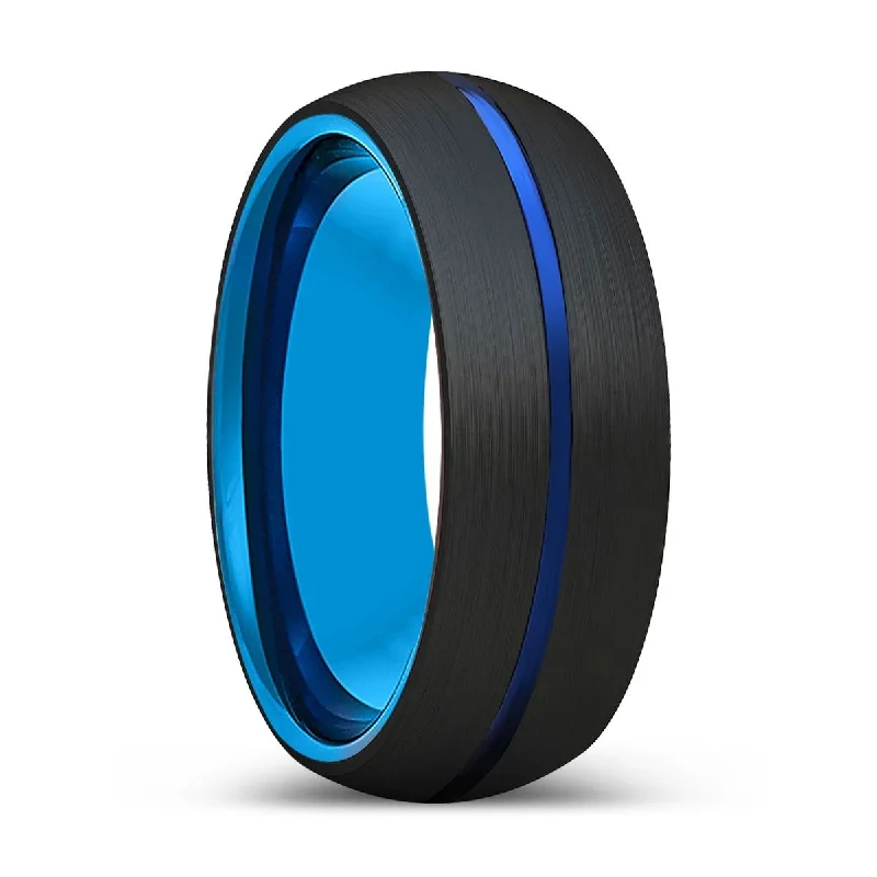 Women’s flower-shaped ring-LUNA | Blue Tungsten Ring, Black Tungsten Ring, Blue Groove, Domed