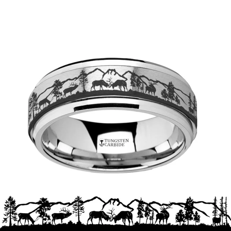 Women’s floral design ring-Laser Engraved Deer Stag Mountain Range Scene Tungsten Spinner Ring for Men with Bevels - 8MM