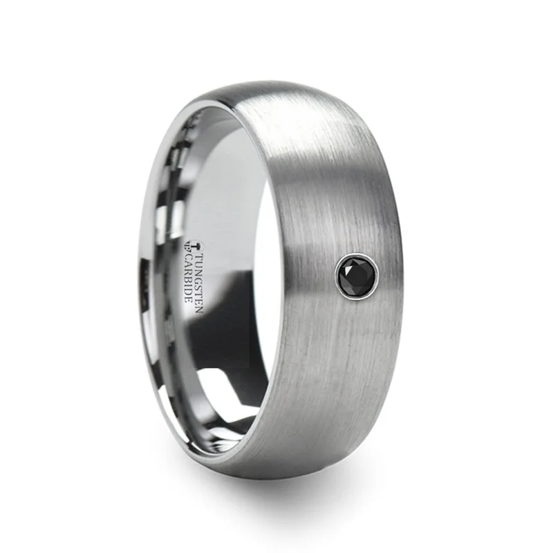 Women’s yellow gold engagement rings-Domed Tungsten Men's Wedding Band with Black Diamond