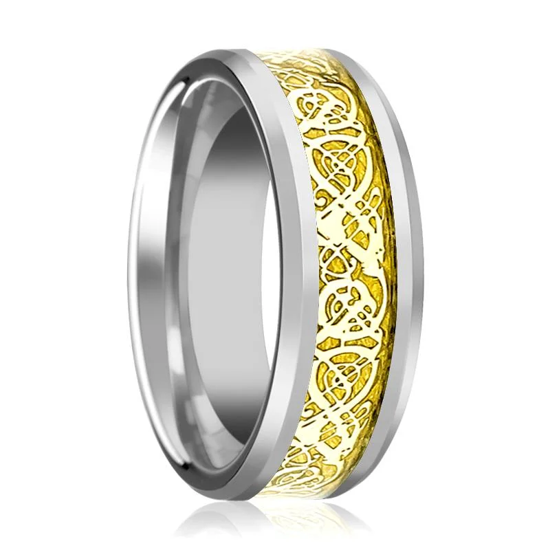 Women’s yellow gold ring-Silver Tungsten Carbide Ring for Men with Gold Celtic Dragon Inlay & Beveled Edges - 8MM