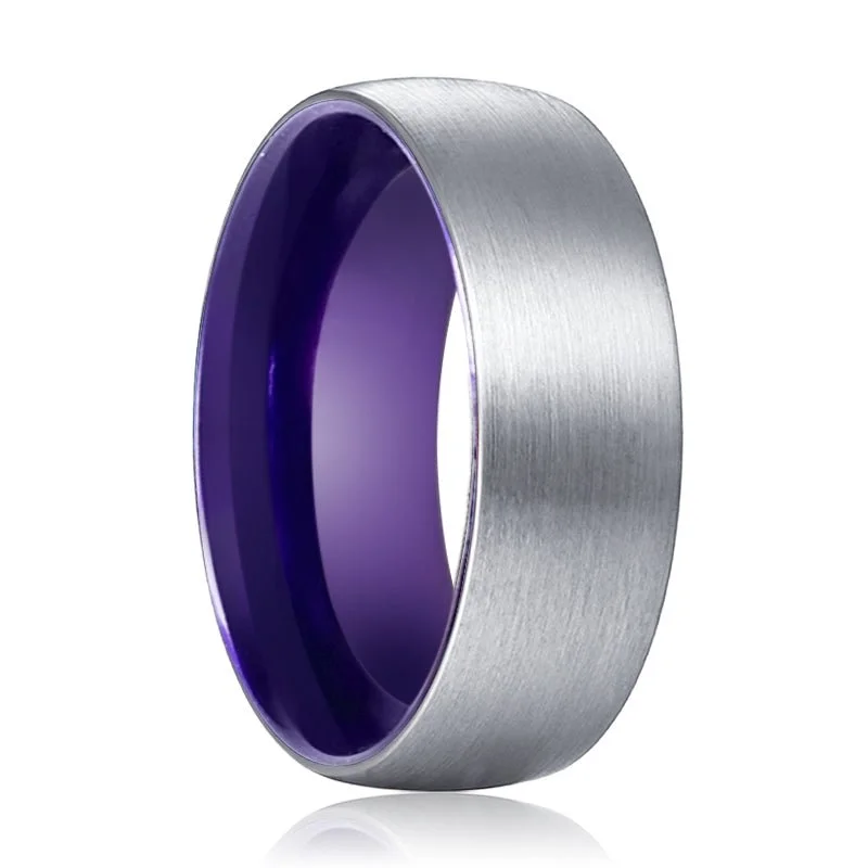 Women’s diamond infinity ring-WISTERIA | Purple Ring, Silver Tungsten Ring, Brushed, Domed