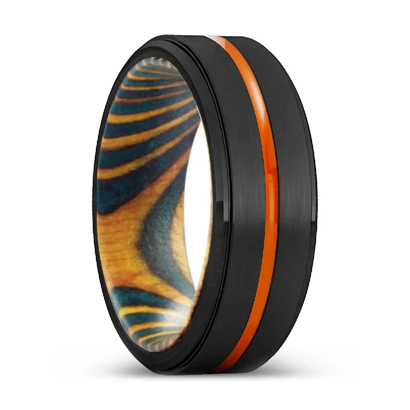 Women’s moonstone ring-FONTANA | Green & Yellow Wood, Black Tungsten Ring, Orange Groove, Stepped Edge