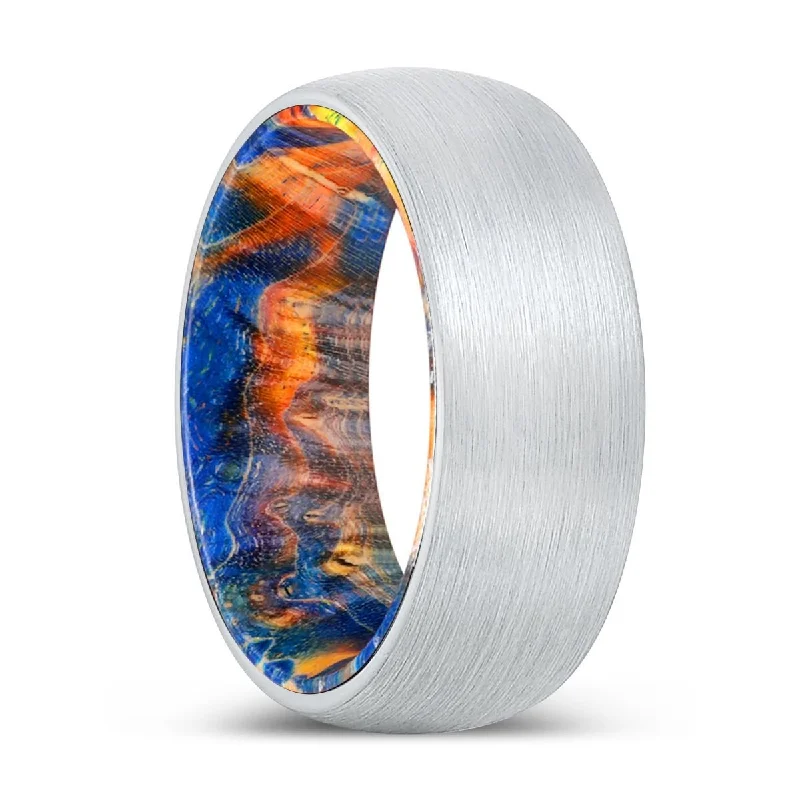 Women’s birthstone ring-IMAGINATION | Blue & Yellow/Orange Wood, White Tungsten Ring, Brushed, Domed