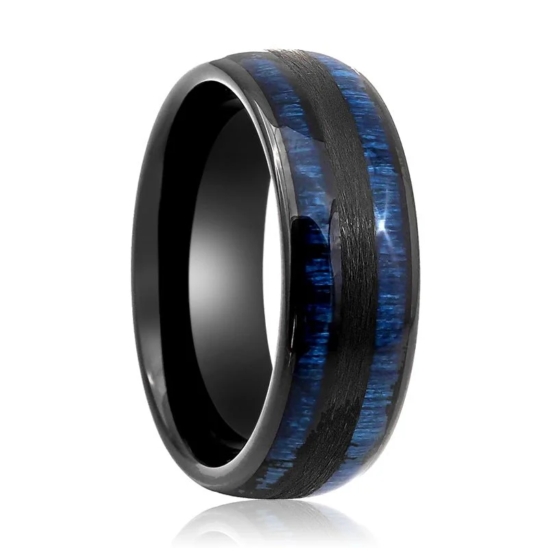 Women’s romantic ring-ROMEO | Black Tungsten Ring, Blue Wood Inlay, Domed