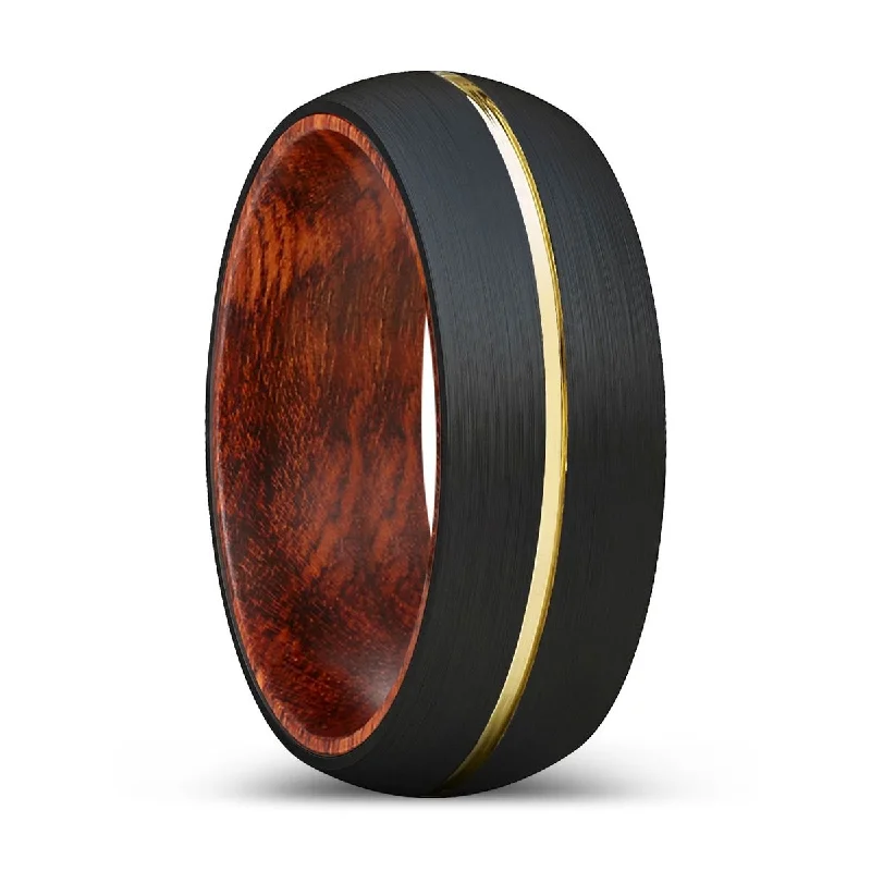 Women’s art deco ring-WILDER | Snake Wood, Black Tungsten Ring, Gold Groove, Domed