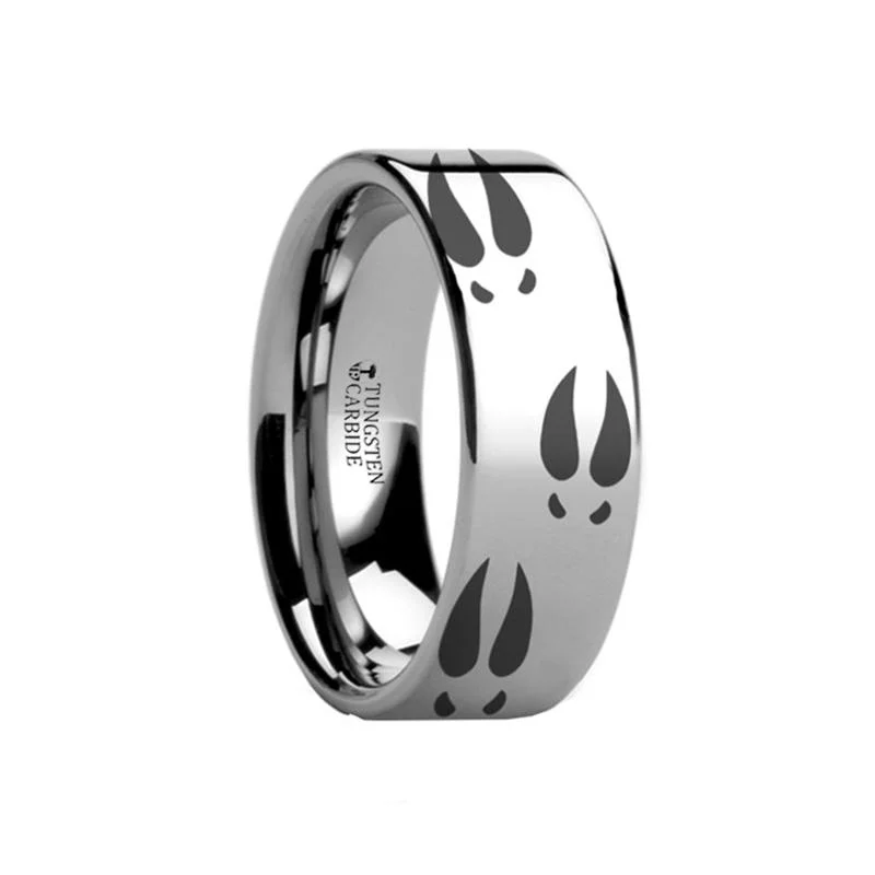 Women’s minimalist ring-Animal Design Ring - Deer Print - Deer Track -  Laser Engraved - Flat Tungsten Ring - 4mm - 6mm - 8mm - 10mm - 12mm