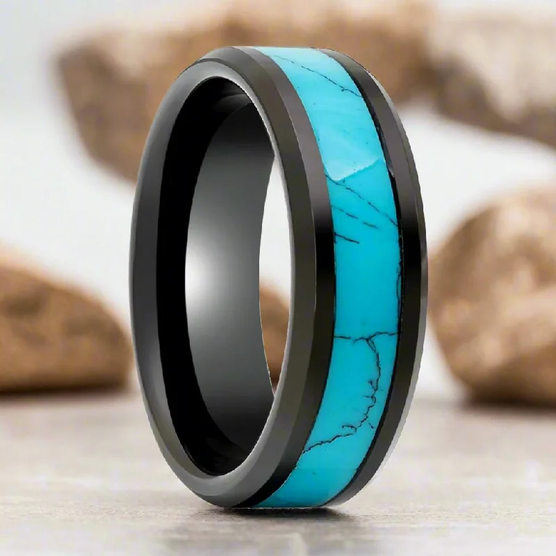 Women’s heart-cut ring-VERDEL | Black Tungsten Ring, Turquoise Inlay, Beveled Edge