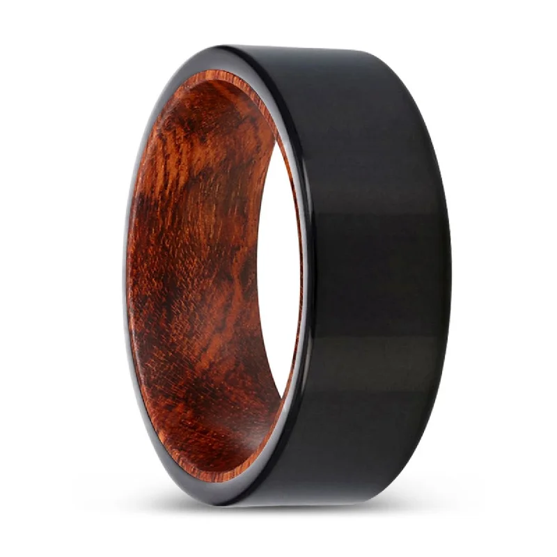 Women’s modern ring-WOOLEY | Snake Wood, Black Tungsten Ring, Shiny, Flat