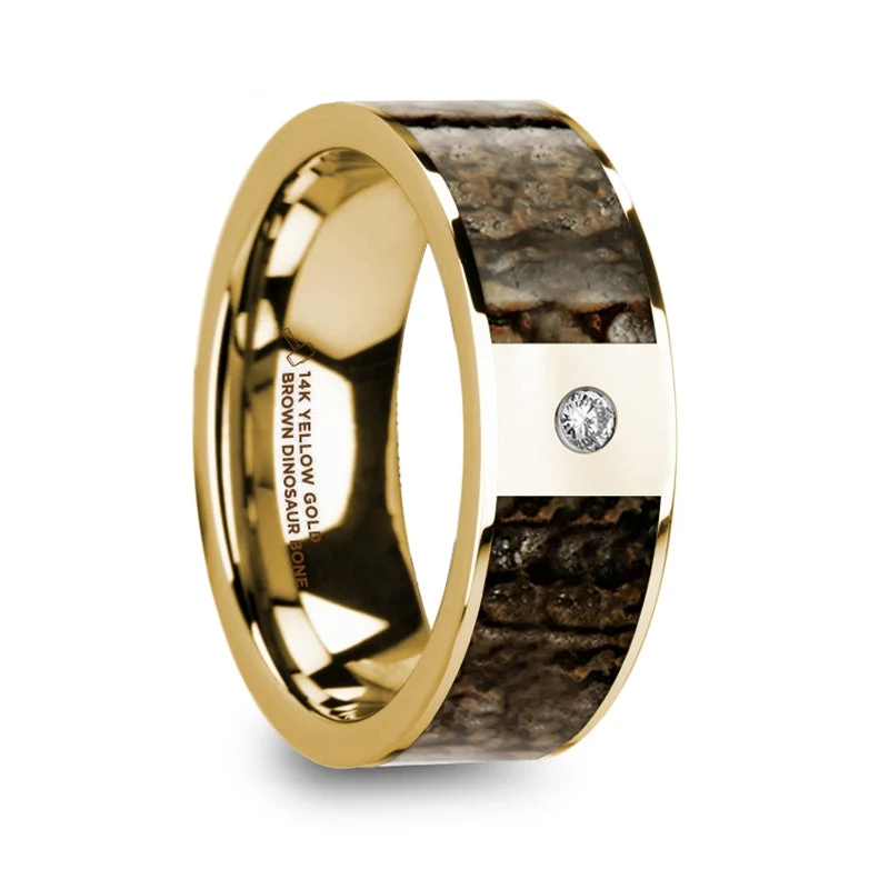 Women’s platinum engagement rings-14k Yellow Gold Men's Wedding Band with Brown Dinosaur Bone Inlay & Diamond