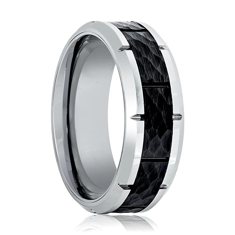 Women’s classic diamond ring-THYROS | Silver Tungsten Ring, Hammered, Notches, Beveled