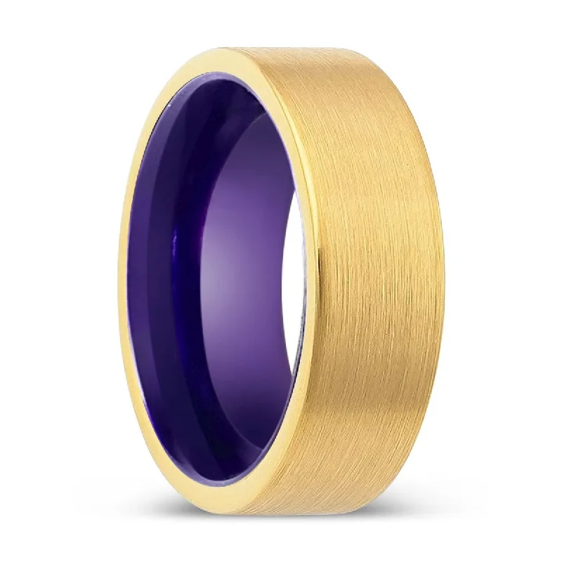 Women’s personalized ring-WOLFDEN | Purple Ring, Gold Tungsten Ring, Brushed, Flat