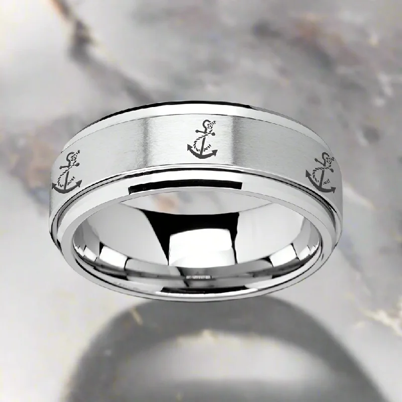 Women’s adjustable band ring-VOYAGE | Silver Tungsten Ring, Fidget Spinner, Laser Engraved Artistic Anchor, Beveled