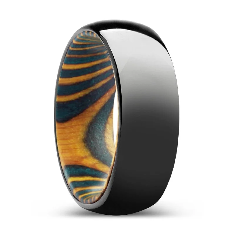 Women’s gold ring-WOODLORE | Green & Yellow Wood, Black Tungsten Ring, Shiny, Domed