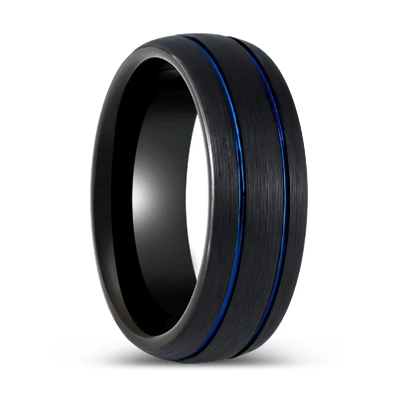 Women’s bold gemstone ring-THEODORE | Black Tungsten Ring Two Blue Grooves