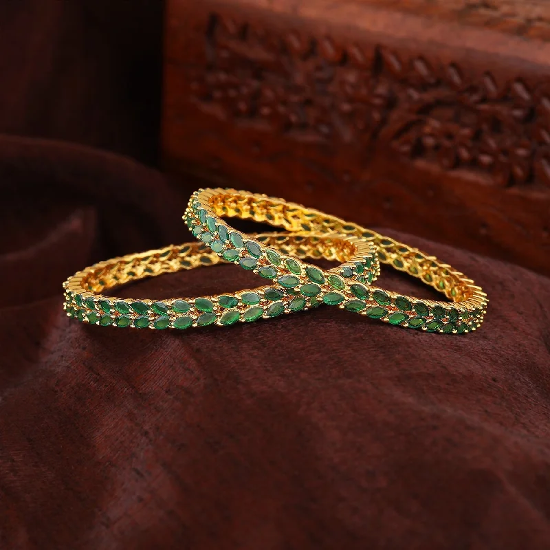 Women’s twisted bangle-Estele Gold Plated CZ Marvelous Leafy Designer Bangle with Green Stones for Women