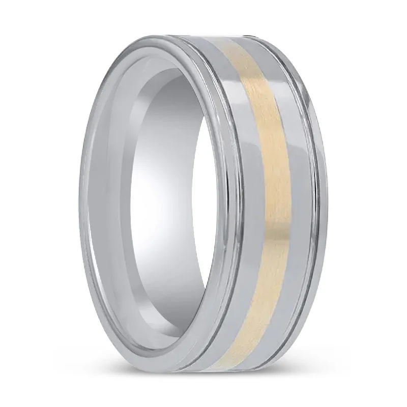 Women’s pear-shaped ring-LAZIO | Tungsten Polished Ring, 14K Gold Inlay, Grooved Edges