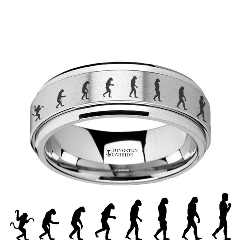 Women’s eternity ring-Human Evolution Engraved Spinning Tungsten Carbide Everyday Ring for Men with Bevels - 8MM