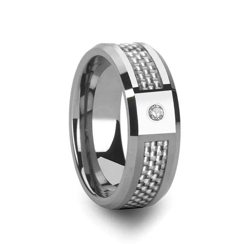 Women’s unique engagement rings-Tungsten Wedding Band with White Carbon Fiber Inlay & Diamond