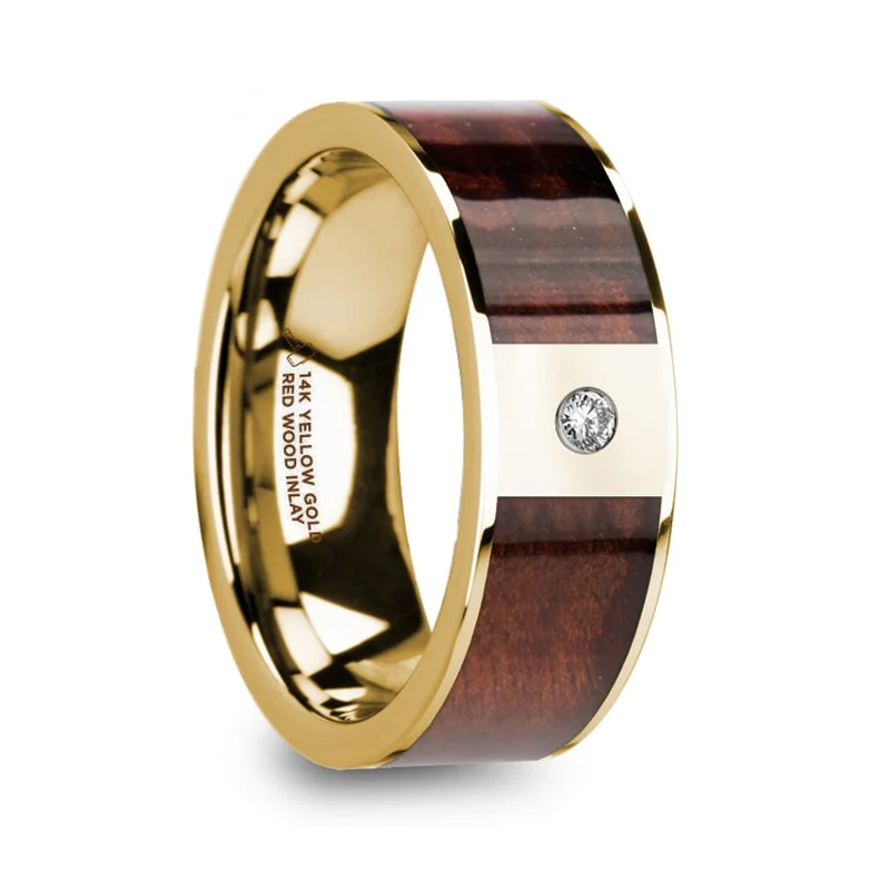 Women’s cushion cut engagement rings-14k Yellow Gold Men's Wedding Band with Red Wood Inlay & Diamond