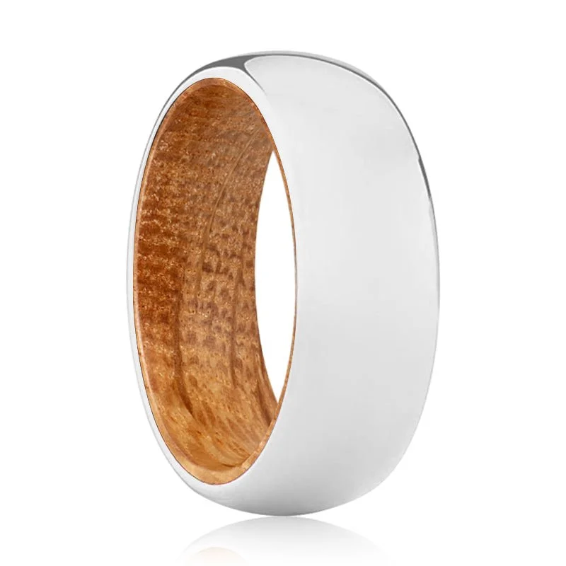 Women’s chunky gold ring-BRAVERY | Whiskey Barrel Wood, Silver Tungsten Ring, Shiny, Domed