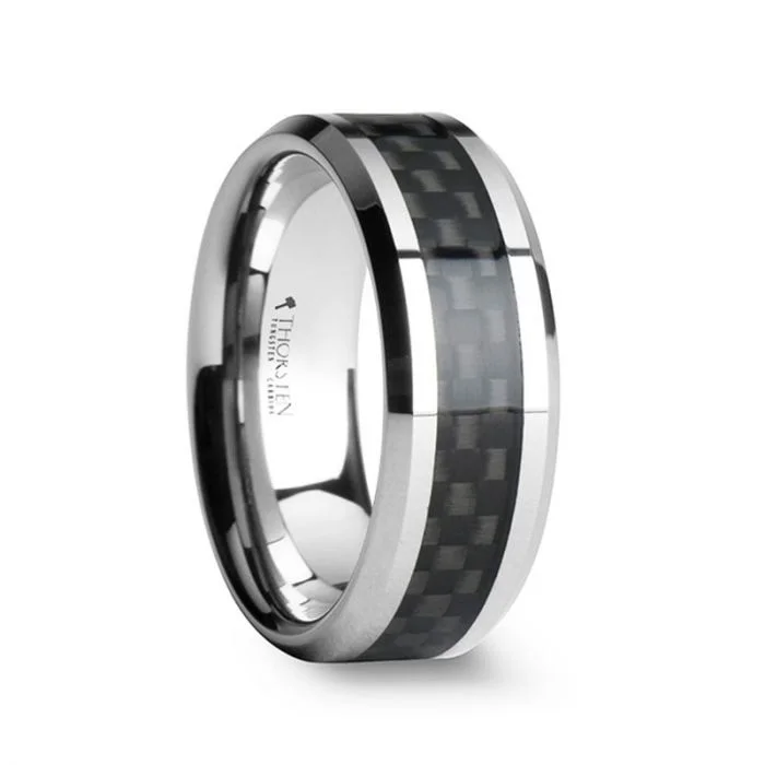 Women’s vintage diamond ring-MAXIMUS | Silver Tungsten Ring, Black Carbon Fiber Inlay, Beveled, 10mm, 12mm