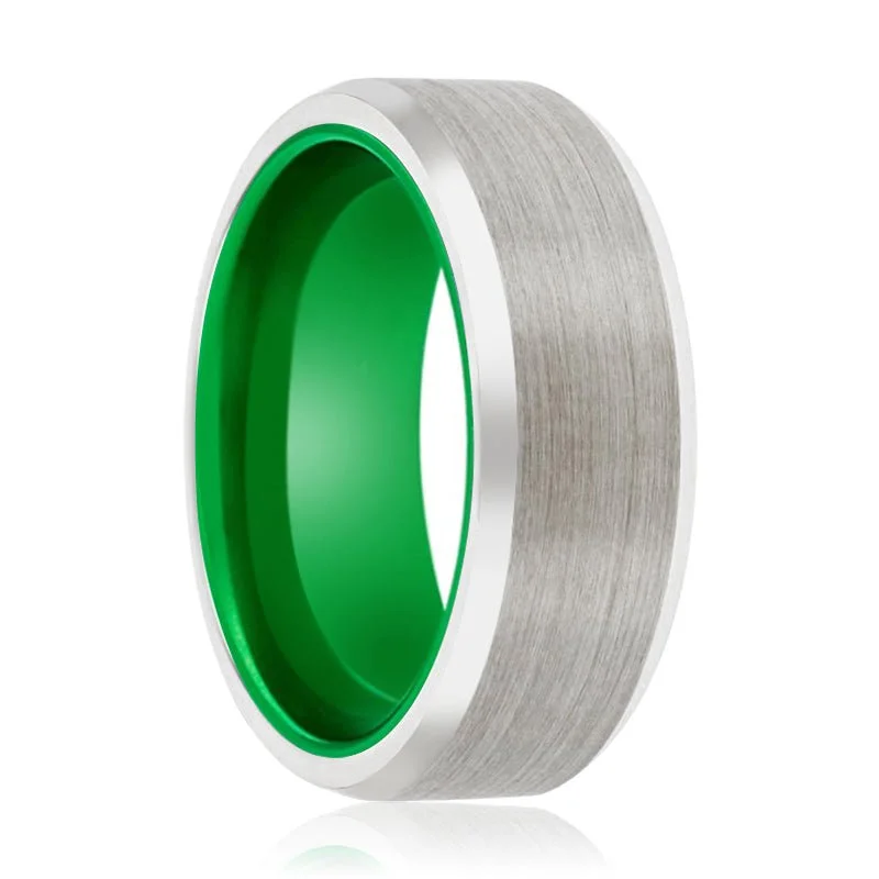 Women’s platinum ring-FROGGER | Green Ring, Silver Tungsten Ring, Brushed, Beveled