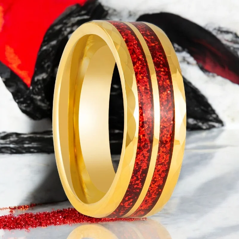 Women’s flower-shaped ring-GLEAMFIRE | Gold Tungsten Ring, Red Glitter Inlay, Faceted Edge