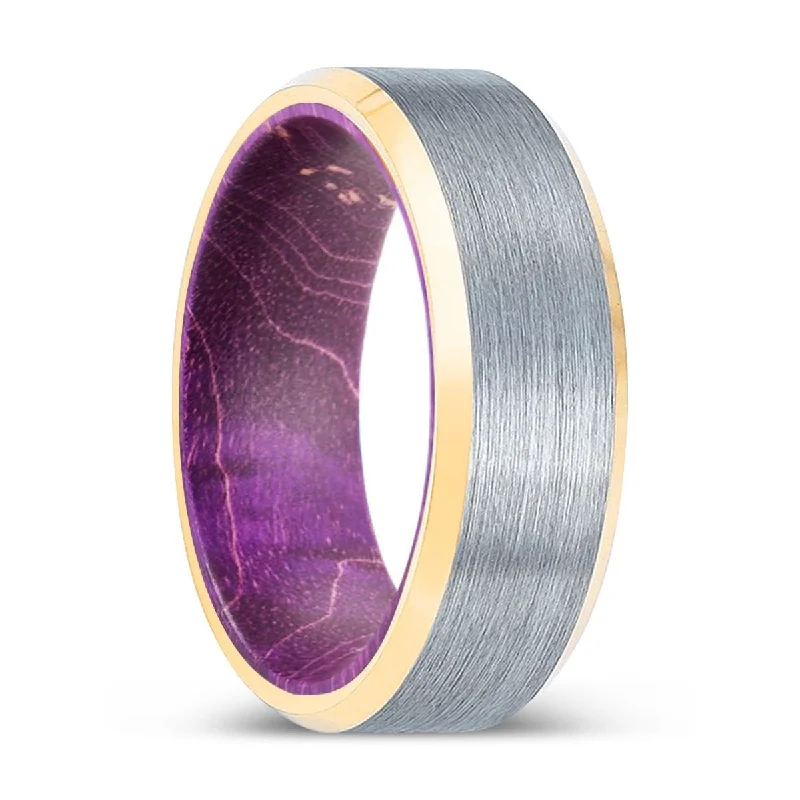 Women’s gemstone ring-BLANDLARCH | Purple Wood, Brushed, Silver Tungsten Ring, Gold Beveled Edges