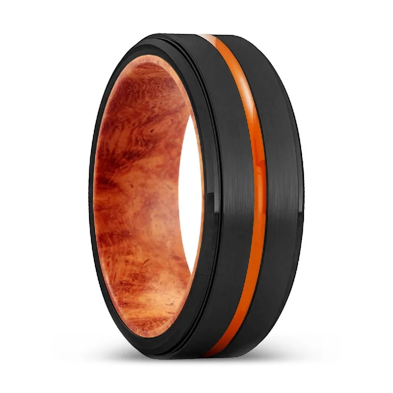 Women’s bohemian gold ring-BURNABY | Red Burl Wood, Black Tungsten Ring, Orange Groove, Stepped Edge