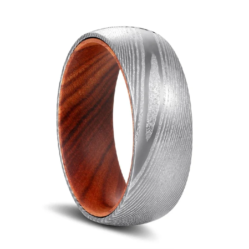 Women’s stackable rings-TILLMAN | Iron Wood, Silver Damascus Steel, Domed