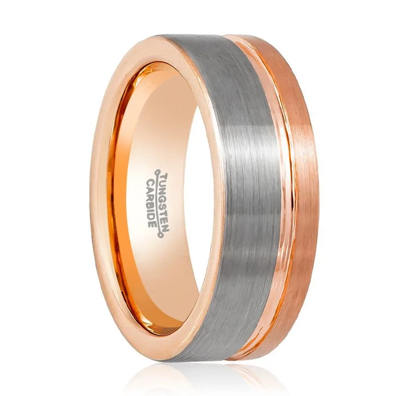 Women’s ruby ring-LEONEL | Rose Gold Tungsten Ring, Silver Brushed, Rose Gold Groove