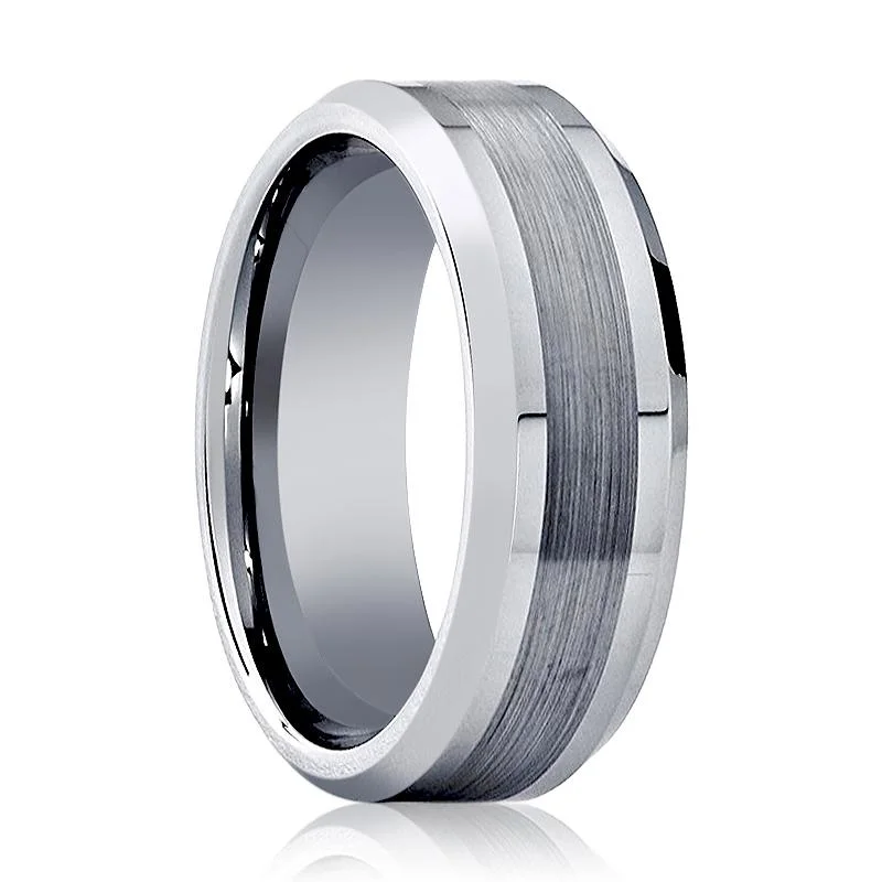 Women’s heart-shaped ring-ROCK | Silver Tungsten Ring, Brushed Center, Beveled