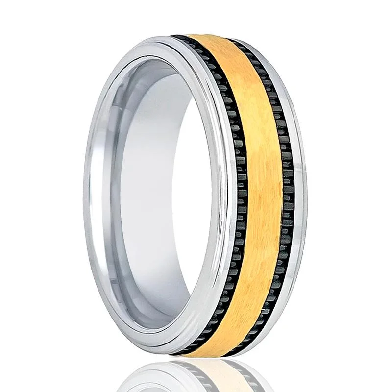 Women’s ruby ring-TREGAN | Silver Tungsten Ring, Gold Center, Two Black Grooved, Stepped Edge