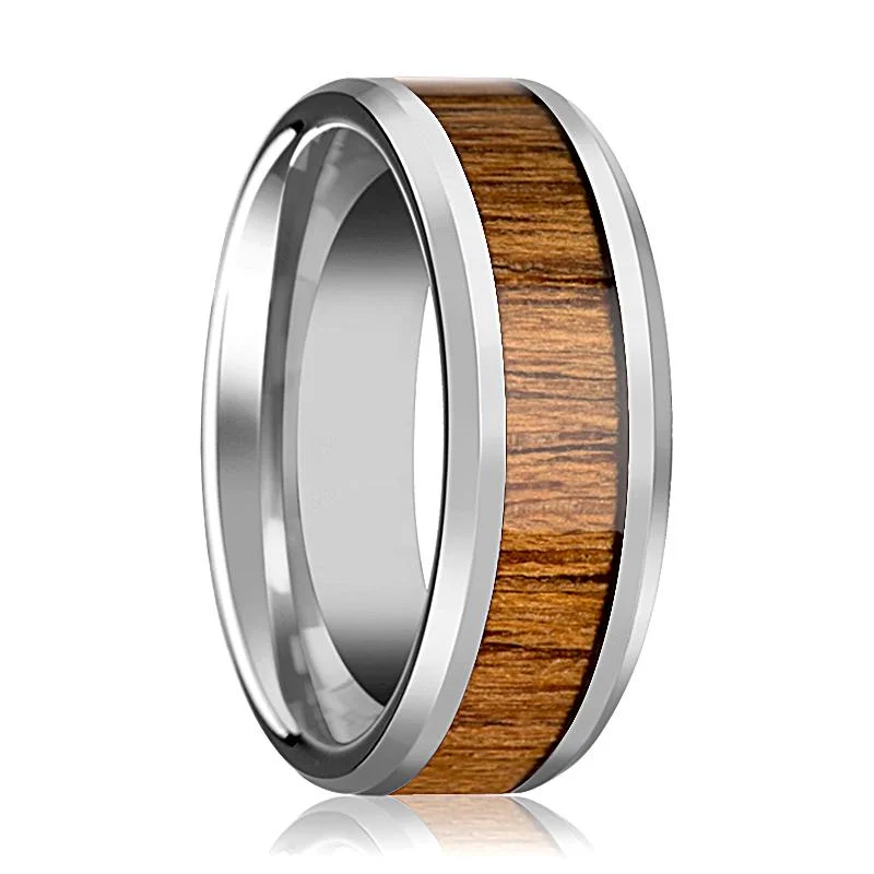 Women’s friendship ring-TEKKU | Silver Tungsten Ring, Teak Wood Inlay, Beveled