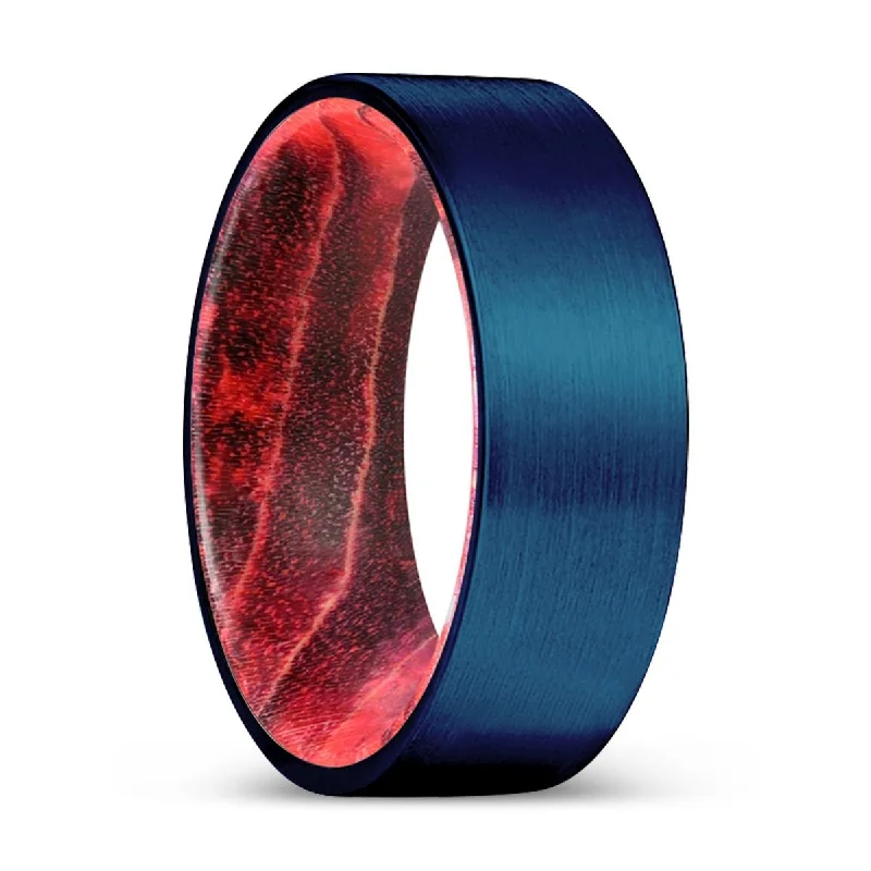 Women’s vintage-inspired ring-MAJOR | Black & Red Wood, Blue Tungsten Ring, Brushed, Flat