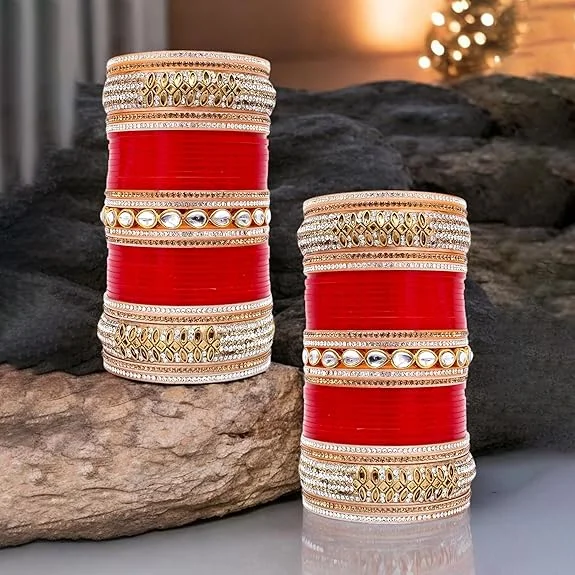 Women’s rose gold bangle-Tehzeeb Creations Bridal Bangle Set Red Designer White Kundan & Golden Stone Dulhan Chuda Fashion Punjabi Choora Wedding Chura For Women