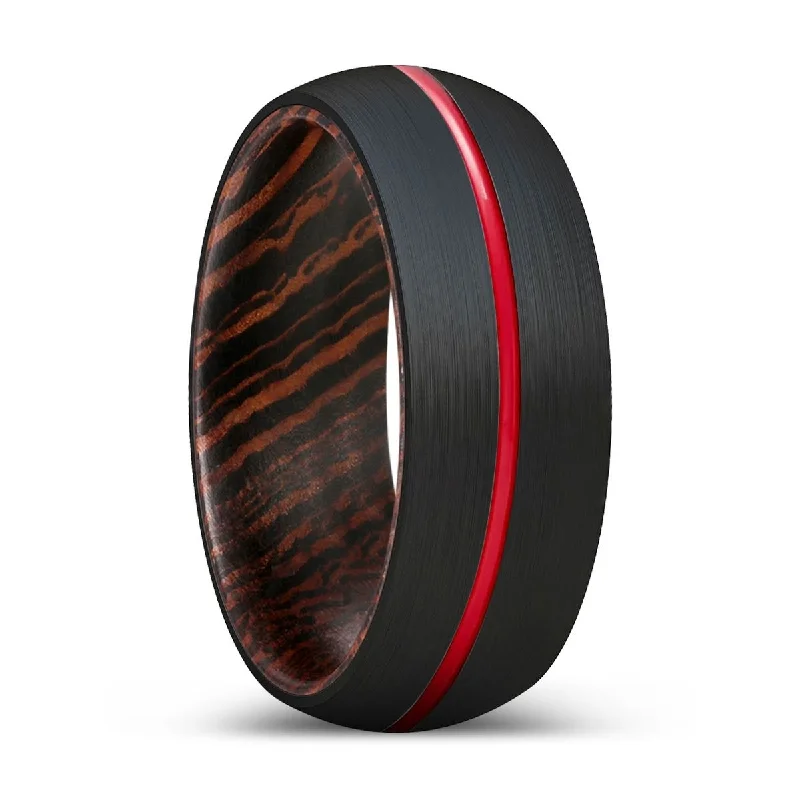 Women’s wide band ring-FRENZY | Wenge Wood, Black Tungsten Ring, Red Groove, Domed