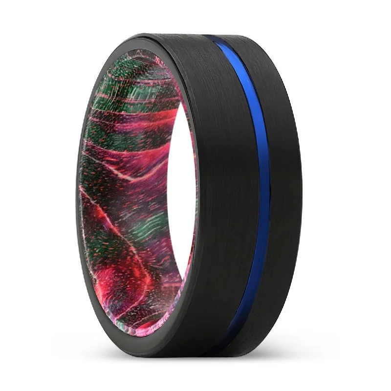 Women’s rose gold diamond ring-PSEUDO | Green & Red Wood, Black Tungsten Ring, Blue Offset Groove, Flat