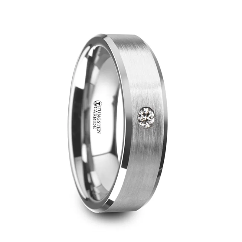 Women’s matching engagement and wedding rings-Matte Brushed Tungsten Men's Wedding Band with Diamond