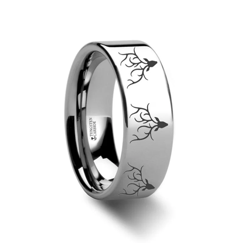 Women’s zirconia ring-Reindeer Deer Stag Head Print Engraved Flat Tungsten Wedding Band for Men and Women - 4MM - 12MM